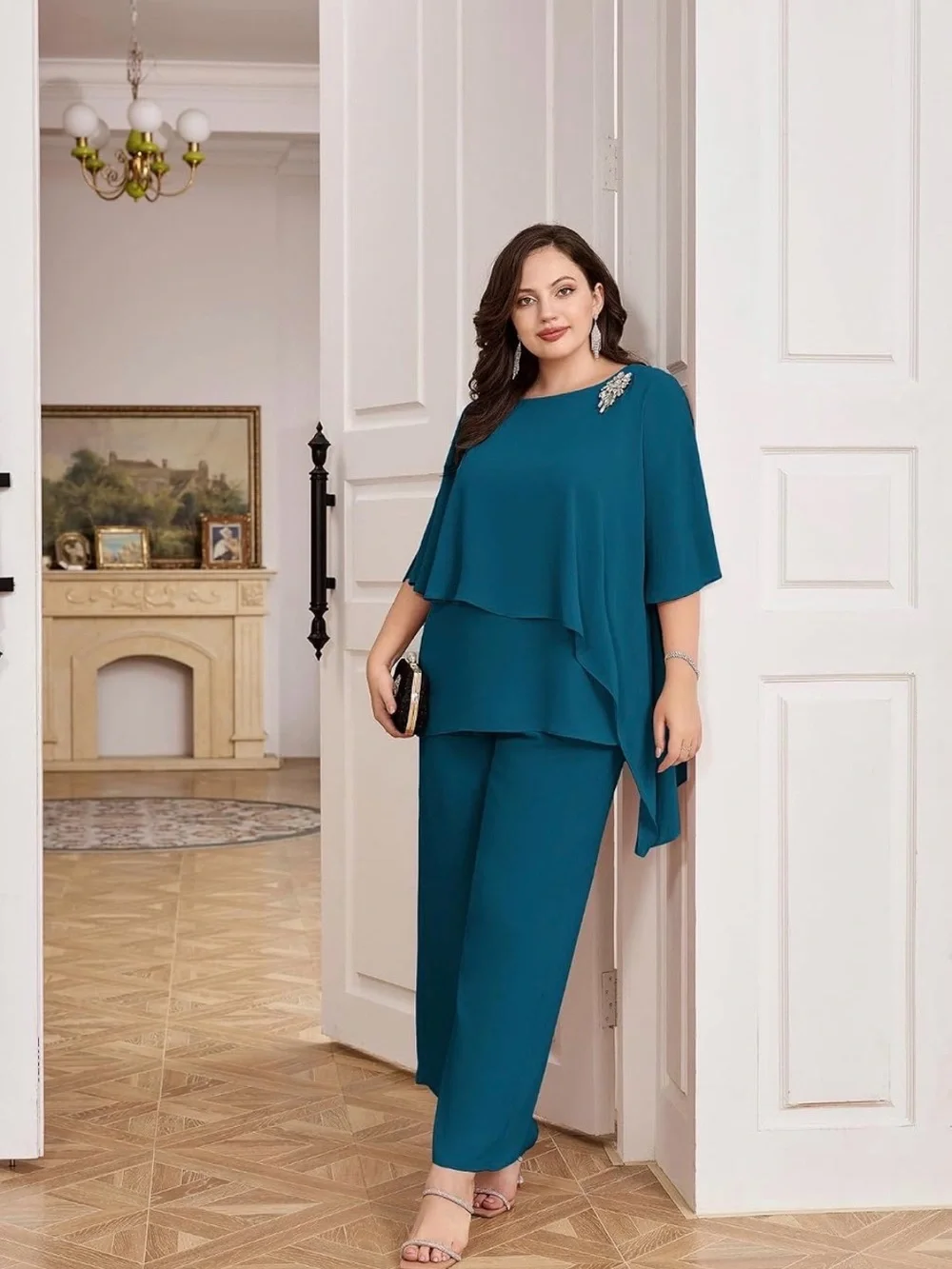 NWT Hanna Nikole Plus Size Teal Layered Wide-Leg 2 Pc Pant Set Chiffon Formal